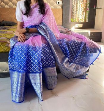 NEW ARRIVAL KANCHIPURAM JACQUARD MULTI SEQUENCE WORK SAREE WITH UNSTITCHED BLOUSE  BABY PINK
