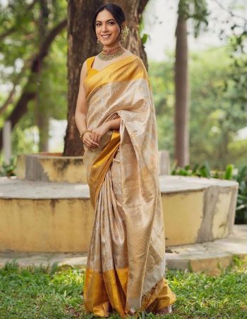 NEW ARRIVAL LICHI SILK JACQUARD WORK SAREE WITH UNSTITCHED BLOUSE CREAM