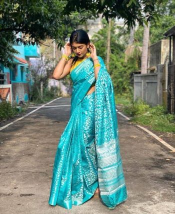 NEW ARRIVAL LICHI SILK JACQUARD WORK SAREE WITH UNSTITCHED BLOUSE SKY