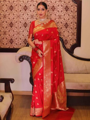 NEW ARRIVAL LICHI SILK ORGANIC BANARASI SAREE WITH UNSTITCHED BLOUSE RED