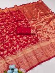 NEW ARRIVAL LICHI SILK ORGANIC BANARASI SAREE WITH UNSTITCHED BLOUSE RED