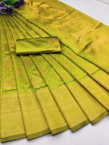 NEW ARRIVAL LICHI SILK ORGANIC BANARASI SAREE WITH UNSTITCHED BLOUSE PARROT GREEN