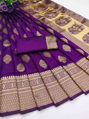 NEW ARRIVAL LICHI SILK ORGANIC BANARASI SAREE WITH UNSTITCHED BLOUSE PURPLE