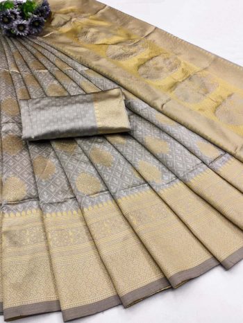 NEW ARRIVAL LICHI SILK ORGANIC BANARASI SAREE WITH UNSTITCHED BLOUSE GREY