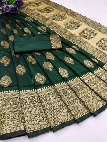 NEW ARRIVAL LICHI SILK ORGANIC BANARASI SAREE WITH UNSTITCHED BLOUSE GREEN