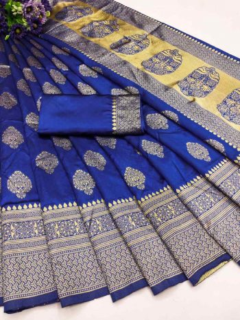 NEW ARRIVAL LICHI SILK ORGANIC BANARASI SAREE WITH UNSTITCHED BLOUSE BLUE