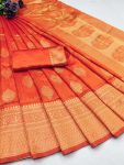NEW ARRIVAL LICHI SILK ORGANIC BANARASI SAREE WITH UNSTITCHED BLOUSE ORANGE