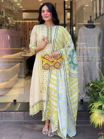 NEW ARRIVAL LINEN COTTON SEQUENCE EMBROIDERY WORK TOP BOTTOM WITH DUPATTA  YELLOW