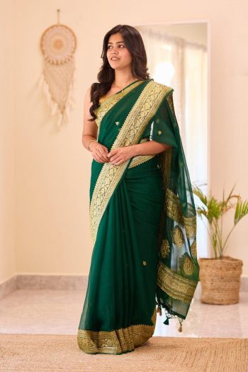 NEW ARRIVAL LINEN SLAB WEAVING WORK SAREE WITH UNSTITCHED BLOUSE GREEN