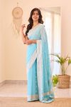 NEW ARRIVAL LINEN SLAB WEAVING WORK SAREE WITH UNSTITCHED BLOUSE SKY