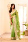 NEW ARRIVAL LINEN SLAB WEAVING WORK SAREE WITH UNSTITCHED BLOUSE PARROT GREEN