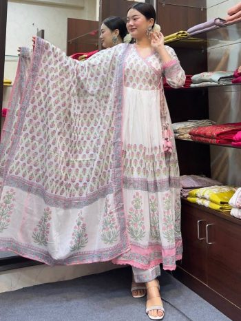 NEW ARRIVAL MAL COTTON DIGITAL PRINT WITH HAND WORK ANARKALI TOP BOTTOM WITH DUPATTA PINK