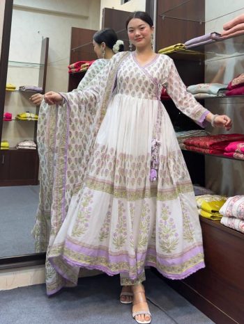 NEW ARRIVAL MAL COTTON DIGITAL PRINT WITH HAND WORK ANARKALI TOP BOTTOM WITH DUPATTA LAVENDER