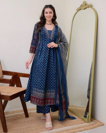 NEW ARRIVAL MAL COTTON DIGITAL PRINTED ANARKALI BOTTOM WITH DUPATTA BLUE