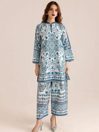 NEW ARRIVAL MALAI SATIN SILK DIGITAL PRINT WORK CO-ORD SET SKY