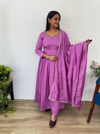 NEW ARRIVAL MUL COTTON CHANDERI HAND WORK THREAD SEQUENCE WORK GOWN PALAZZO WITH DUPATTA PINK