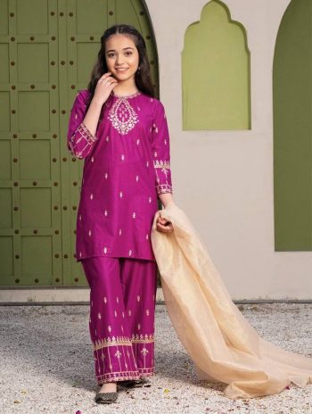 NEW ARRIVAL NATURAL CREEP SILK EMBROIDERY SEQUENCE WORK KID'S TOP BOTTOM WITH DUPATTA PINK