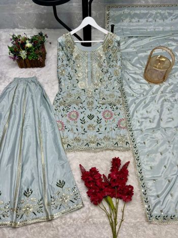 NEW ARRIVAL NATURAL CREPE EMBROIDERY AND SEQUENCE WORK TOP PALAZZO WITH DUPATTA  SKY