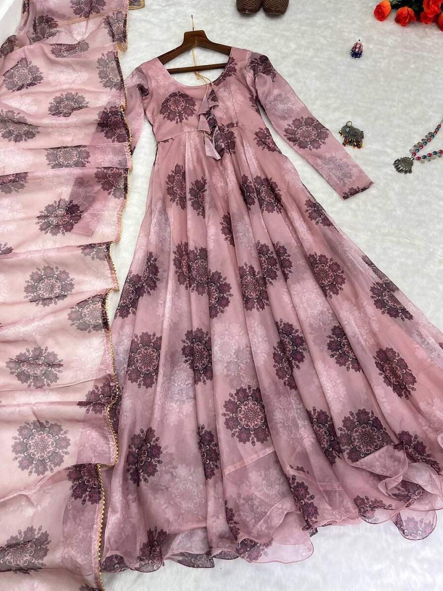 NEW ARRIVAL ORGANZA TABBY SILK DIGITAL PRINT AND HANDWORK ANARKALI GOWN BOTTOM WITH DUPATTA FESTIVE WEAR WHOLESALE PRICE ETHNIC GARMENT (2)