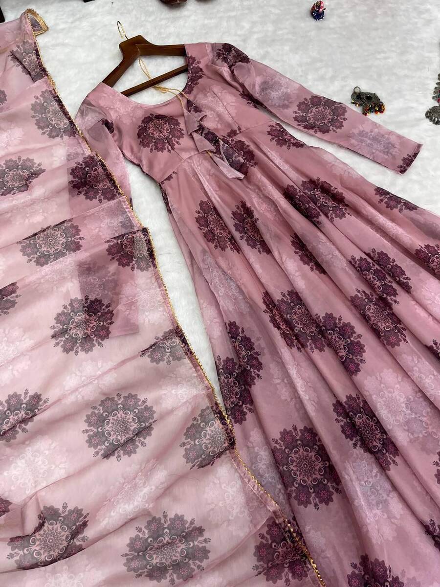 NEW ARRIVAL ORGANZA TABBY SILK DIGITAL PRINT AND HANDWORK ANARKALI GOWN BOTTOM WITH DUPATTA FESTIVE WEAR WHOLESALE PRICE ETHNIC GARMENT (3)
