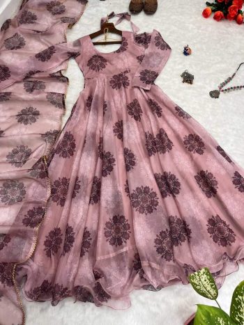 NEW ARRIVAL ORGANZA TABBY SILK DIGITAL PRINT AND HANDWORK ANARKALI GOWN WITH DUPATTA LAVENDER