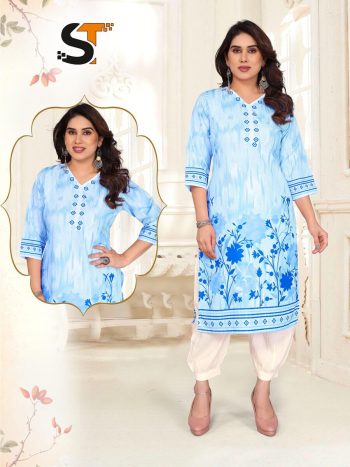 NEW ARRIVAL POLY RAYON DIGITAL PRINTED WORK TOP BOTTOM SET BLUE