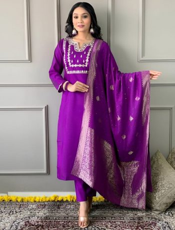 NEW ARRIVAL PV CHANDERI COTTON EMBROIDERY SEQUENCE WORK TOP BOTTOM WITH DUPATTA PURPLE
