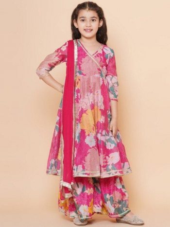 NEW ARRIVAL RAYON DIGITAL FLOWER PRINT WORK KID'S TOP SHARARA WITH DUPATTA PINK