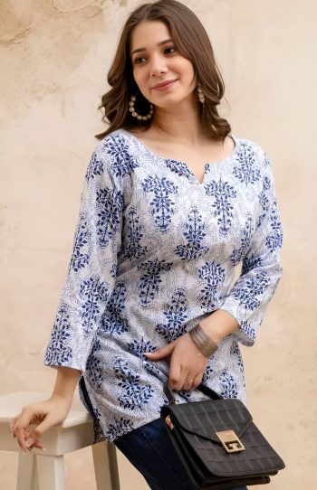 NEW ARRIVAL RAYON DIGITAL PRINTED SHORT KURTI WHITE