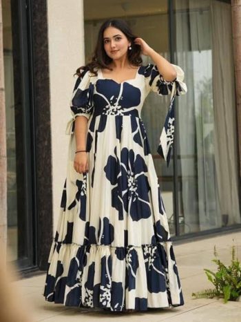NEW ARRIVAL RAYON DIGITAL PRINTED WORK ONE PEICE DRESS NAVY BLUE