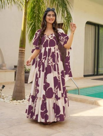 NEW ARRIVAL RAYON DIGITAL PRINTED WORK ONE PEICE DRESS PURPLE