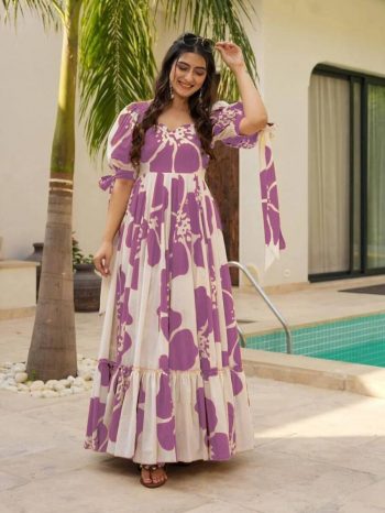NEW ARRIVAL RAYON DIGITAL PRINTED WORK ONE PEICE DRESS LAVENDER