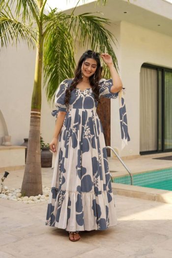 NEW ARRIVAL RAYON DIGITAL PRINTED WORK ONE PEICE DRESS GREY