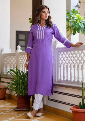 NEW ARRIVAL RAYON EMBROIDERY LACE WORK KURTI LAVENDER