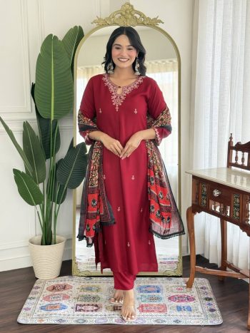 NEW ARRIVAL RAYON EMBROIDERY WORK TOP BOTTOM WITH DUPATTA RED