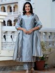 NEW ARRIVAL ROMAN SILK FANCY LACE BORDER WORK TOP BOTTOM WITH DUPATTA GREY