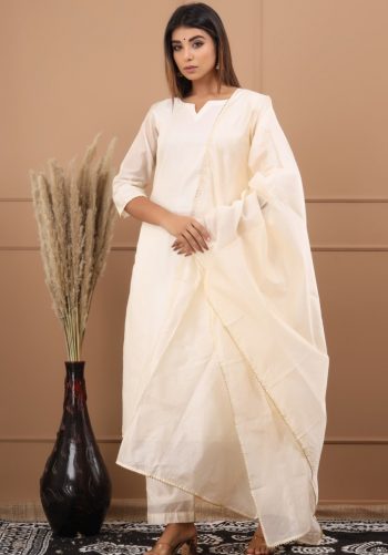 NEW ARRIVAL ROMAN SILK FANCY LACE BORDER WORK TOP BOTTOM WITH DUPATTA OFF WHITE