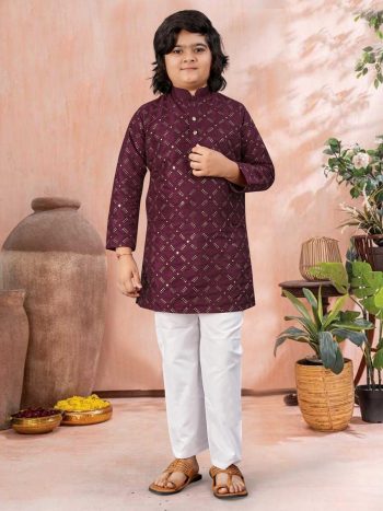 NEW ARRIVAL SILK SILVER AND MATE SEQUENCE WITH EMBROIDERY WORK KID'S KURTA PAYAJAMA WINE