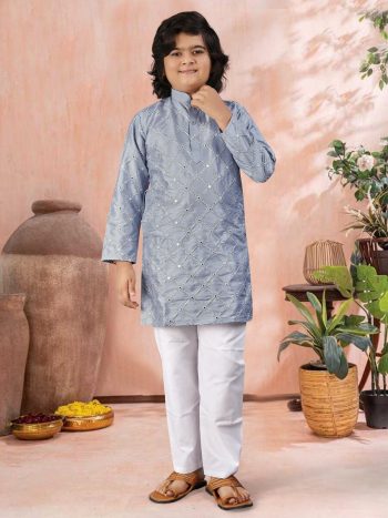 NEW ARRIVAL SILK SILVER AND MATE SEQUENCE WITH EMBROIDERY WORK KID'S KURTA PAYAJAMA SKY