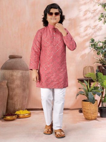 NEW ARRIVAL SILK SILVER AND MATE SEQUENCE WITH EMBROIDERY WORK KID'S KURTA PAYAJAMA PEACH