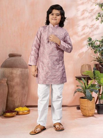 NEW ARRIVAL SILK SILVER AND MATE SEQUENCE WITH EMBROIDERY WORK KID'S KURTA PAYAJAMA BABY PINK
