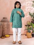 NEW ARRIVAL SILK SILVER AND MATE SEQUENCE WITH EMBROIDERY WORK KID'S KURTA PAYAJAMA RAMA