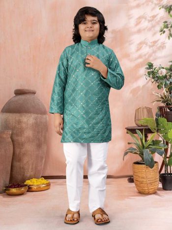 NEW ARRIVAL SILK SILVER AND MATE SEQUENCE WITH EMBROIDERY WORK KID'S KURTA PAYAJAMA RAMA
