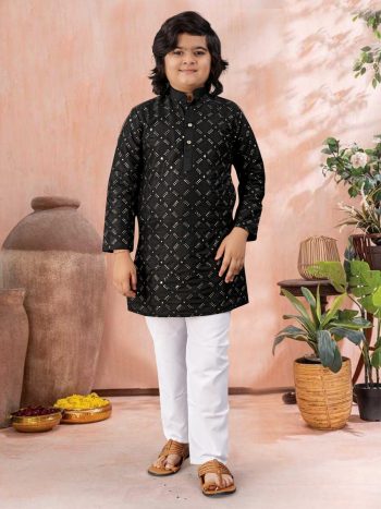 NEW ARRIVAL SILK SILVER AND MATE SEQUENCE WITH EMBROIDERY WORK KID'S KURTA PAYAJAMA BLACK