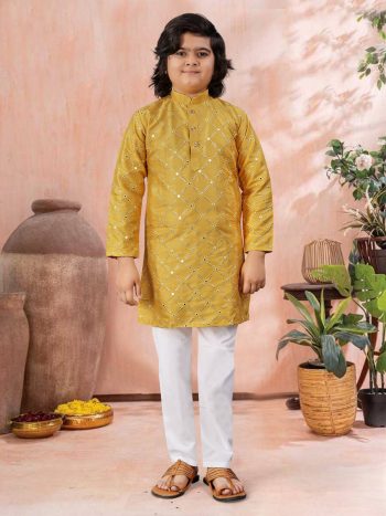 NEW ARRIVAL SILK SILVER AND MATE SEQUENCE WITH EMBROIDERY WORK KID'S KURTA PAYAJAMA YELLOW