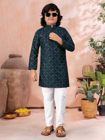 NEW ARRIVAL SILK SILVER AND MATE SEQUENCE WITH EMBROIDERY WORK KID'S KURTA PAYAJAMA NAVY BLUE