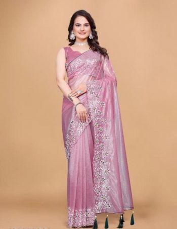 NEW ARRIVAL TWILL NET MULTI WORK PIPING LATKAN SAREE WITH UNSTITCHED BLOUSE PINK