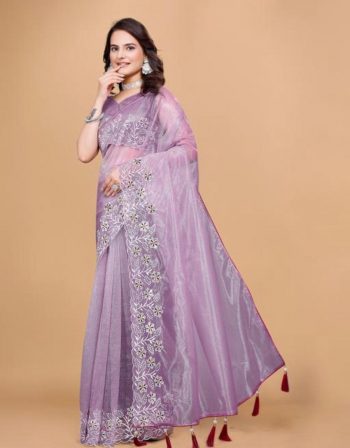 NEW ARRIVAL TWILL NET MULTI WORK PIPING LATKAN SAREE WITH UNSTITCHED BLOUSE PURPLE