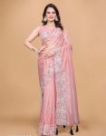 NEW ARRIVAL TWILL NET MULTI WORK PIPING LATKAN SAREE WITH UNSTITCHED BLOUSE PEACH
