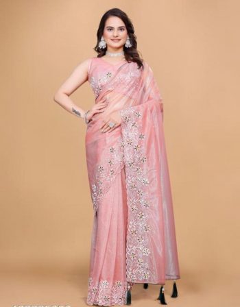 NEW ARRIVAL TWILL NET MULTI WORK PIPING LATKAN SAREE WITH UNSTITCHED BLOUSE PEACH
